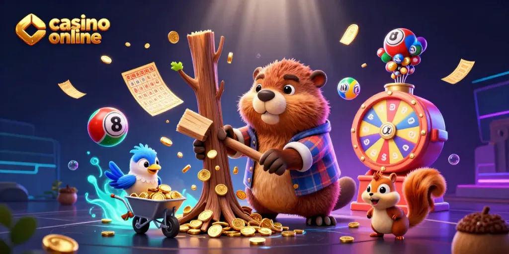 Menyajikan tema casino online dengan karakter bobcat membawa koin emas sambil menikmati suasana permainan judi yang mengasyikkan.