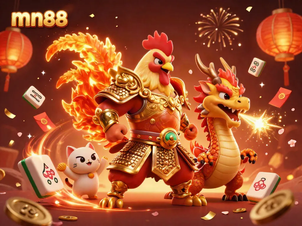 Winning at mn88 with a powerful rooster warrior, crawling dragon hatchling, and festive elements.