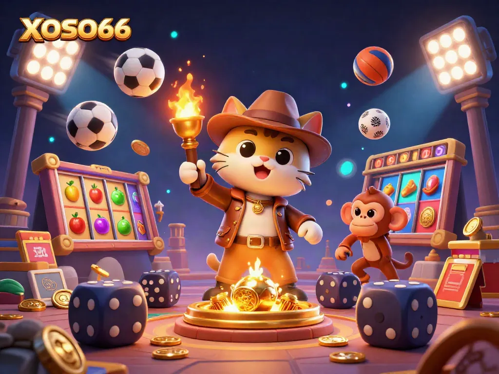 XOSO66 showcases a vibrant, action-packed casino scene with a treasure-hunting cat and lively game elements.
