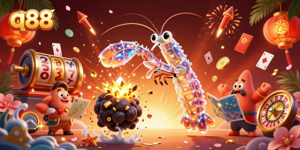 Engage in exciting gaming with q88's 3D vibrant scene of a mantis shrimp and starfish amidst casino elements.