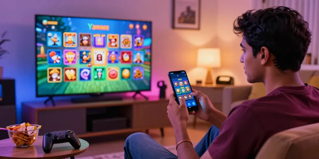 Exciting scene of a user exploring the Yono Arcade mobile app, surrounded by vibrant gaming elements.
