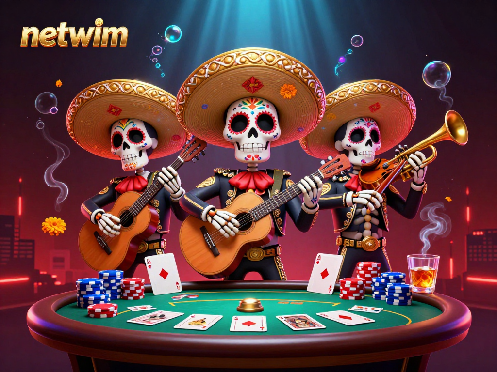 Engage in the thrill of poker at netwim with a vibrant mariachi scene and colorful casino elements.