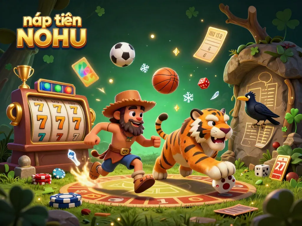 Experience nạp tiền NOHU amidst a vibrant, prehistoric casino with unique characters and dynamic actions.