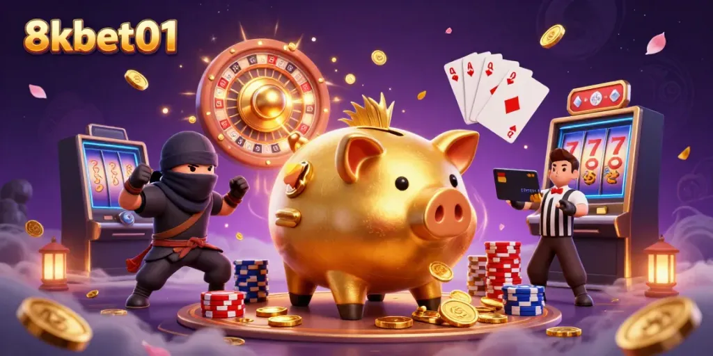 Experience the thrill of 8kbet01 with a dynamic sumo wrestler and ninja in a vibrant casino scene.