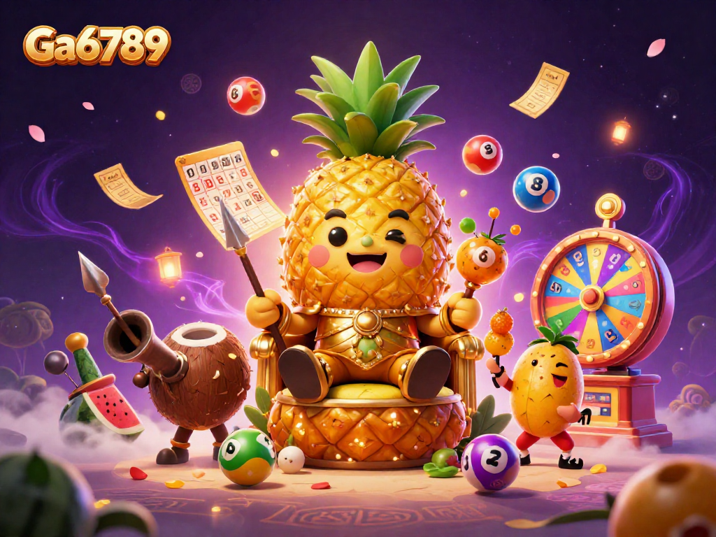 Engage with Ga6789's playful casino scene featuring a pineapple king and colorful lottery elements.