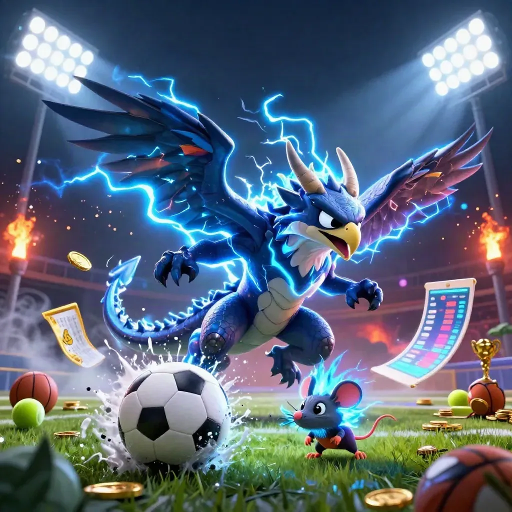 Thunder dragon, hawk, and mouse explode around a soccer ball under stadium lights.