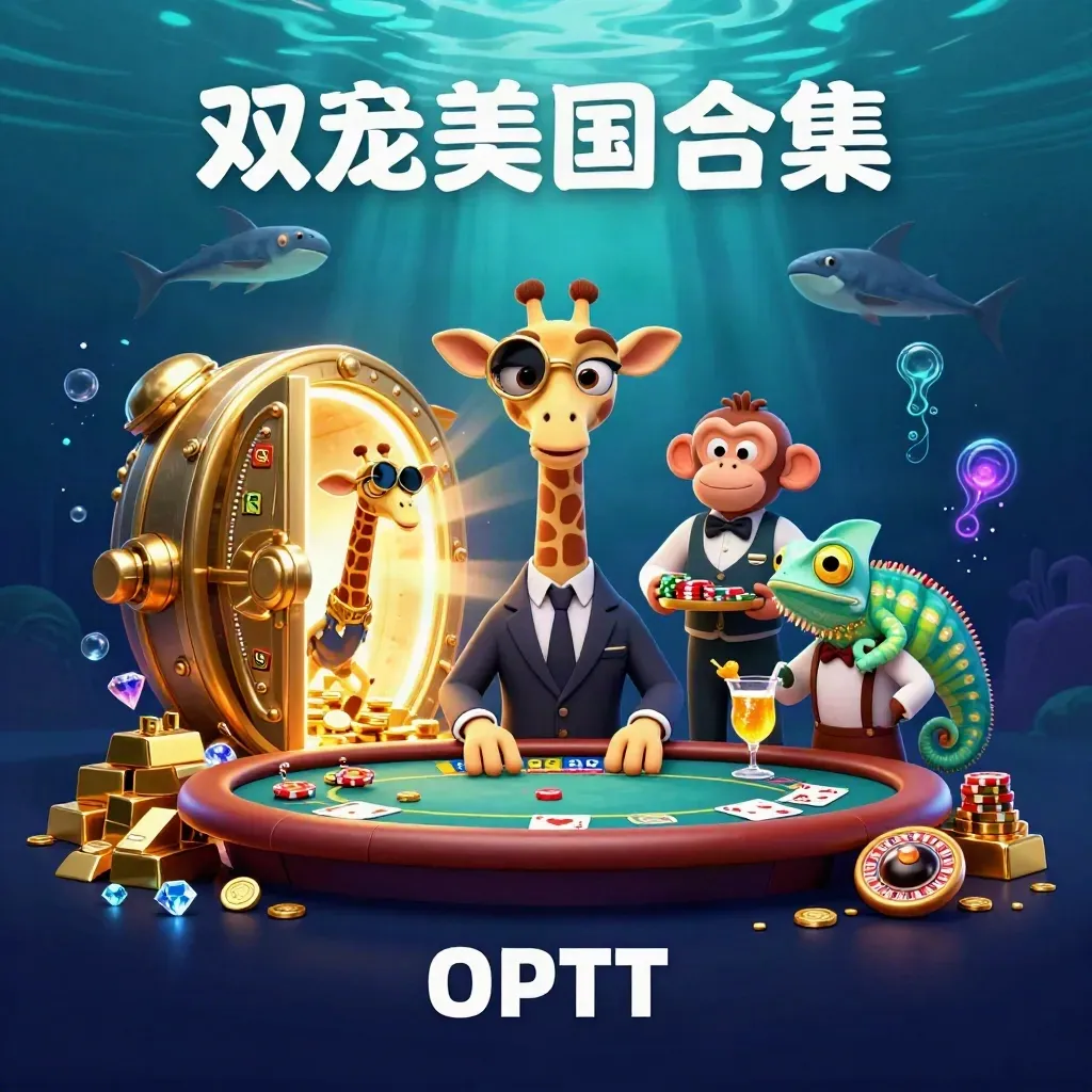 Giraffe, monkey, and chameleon in a glowing underwater casino vault scene.