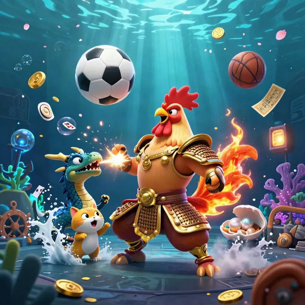 Rooster warrior, dragon hatchling and fortune-cat amid underwater sports loot and glowing casino elements.