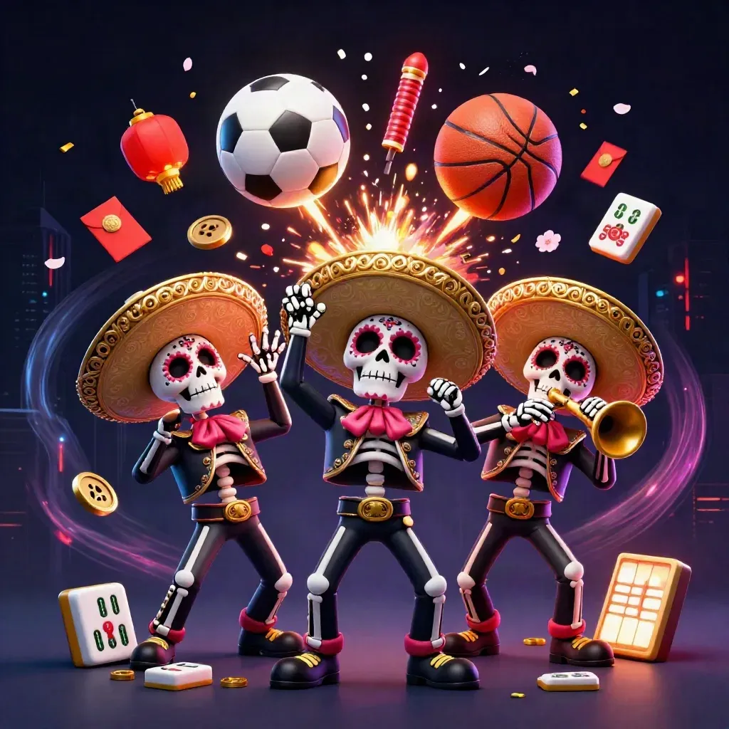 Skeleton mariachi trio amid flying balls, lanterns, coins and confetti in a neon casino sports tile.