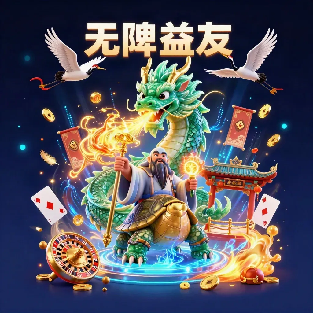 Emerald dragon, turtle sage, and cranes amid gold fire, coins, temple gate, and neon blue light.
