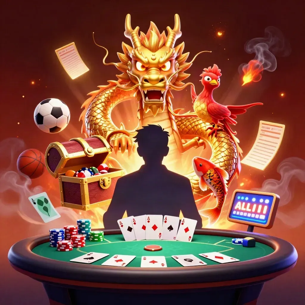 Golden dragon and phoenix amid casino chips, cards, and sports balls in fiery blue-lit haze.