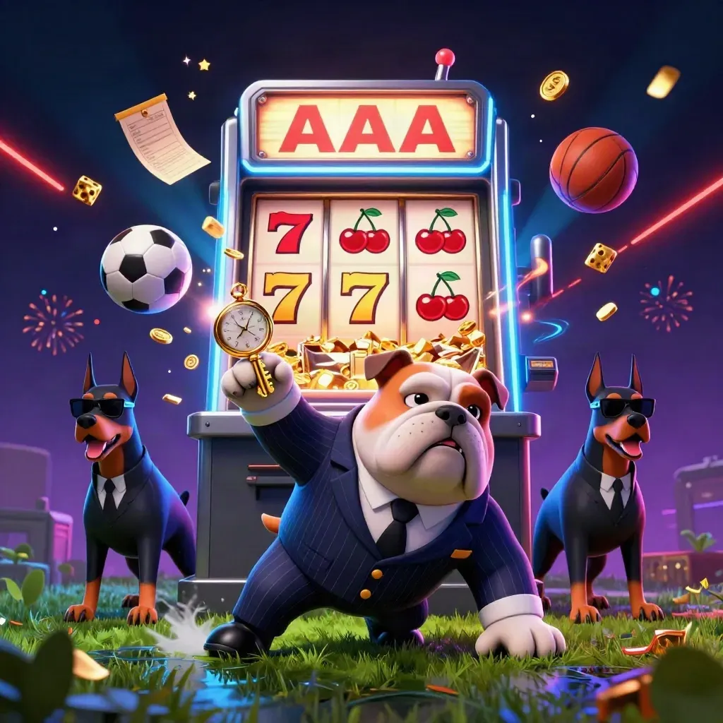 Low-angle casino key art: bulldog boss, Dobermans, slot burst, flying balls, gold, and blue neon.