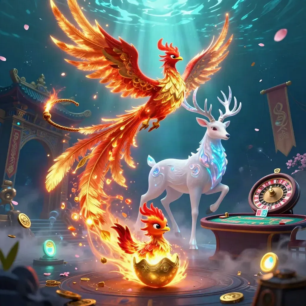 Phoenix trio in a neon casino scene with temple gate, stag, and glowing roulette