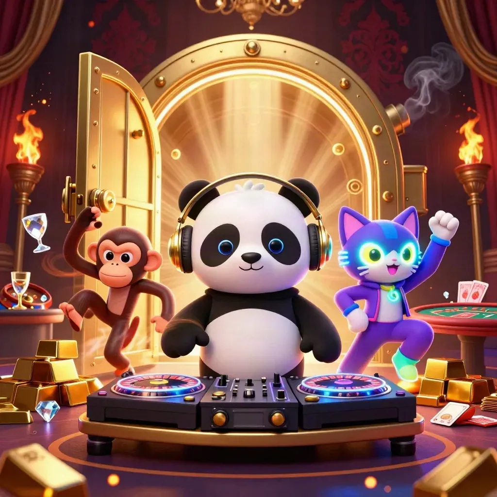 Cartoon panda DJ, dancing monkey and glow-stick kitten in a luxe casino room with gold and light.