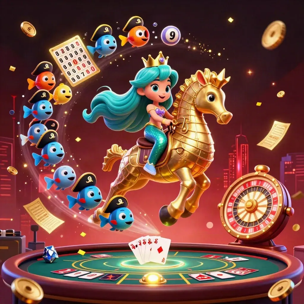 Mermaid princess on armored seahorse amid casino props and glowing skyline