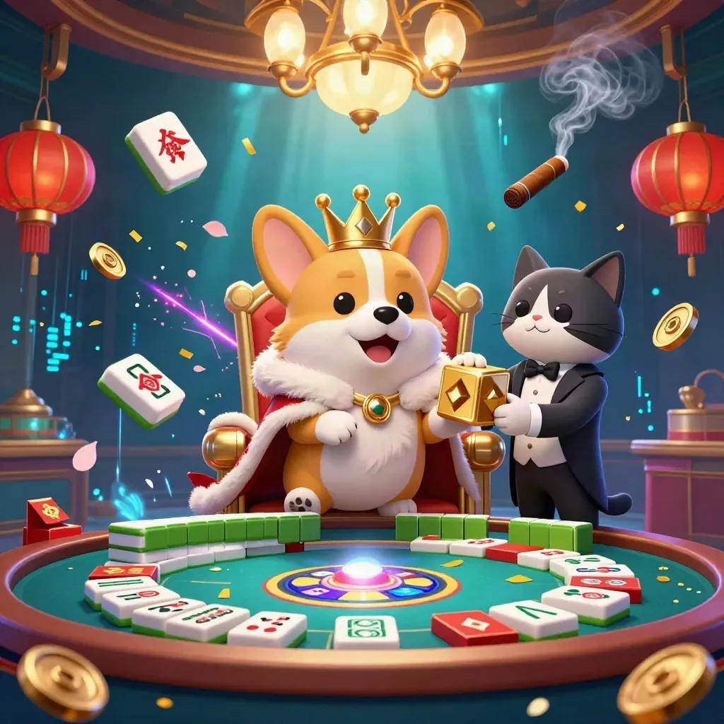 Royal corgi and cat butler amid neon casino magic, jade coins, lanterns, and underwater light rays.