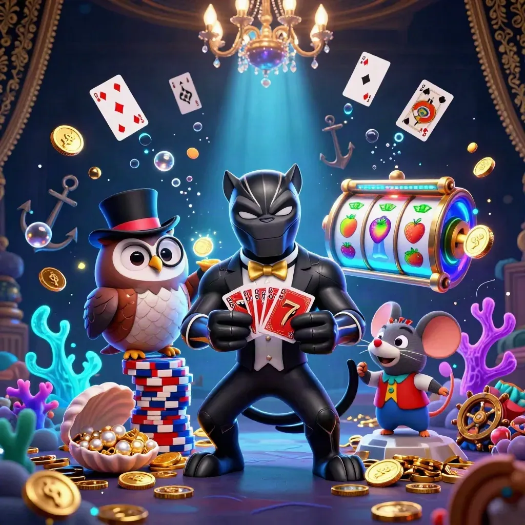Panther, owl, and mouse deal cards in a glowing underwater treasure cove of blue and gold.