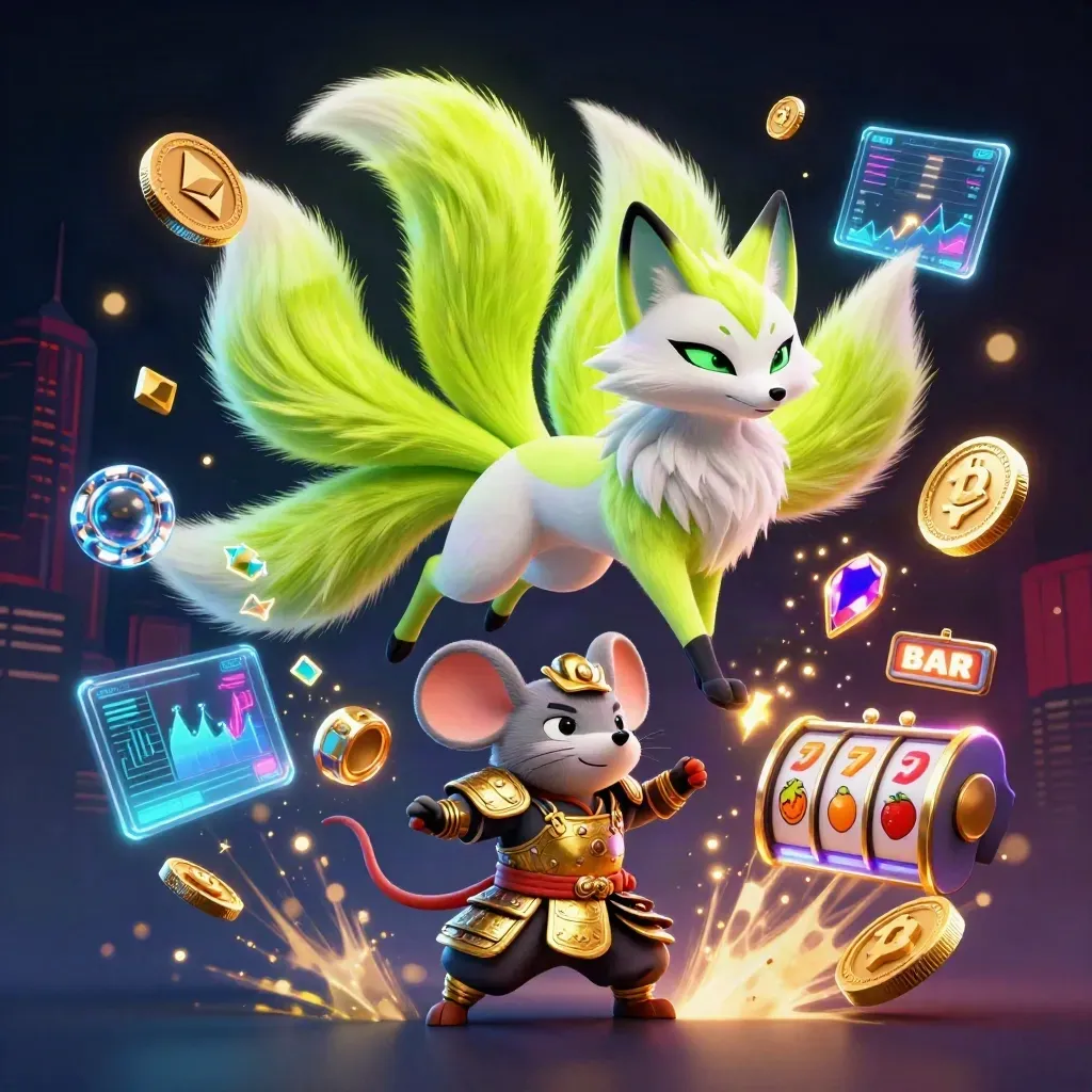 Nine-tailed neon fox and armored samurai mouse amid crypto coins, lightning, and casino bursts.