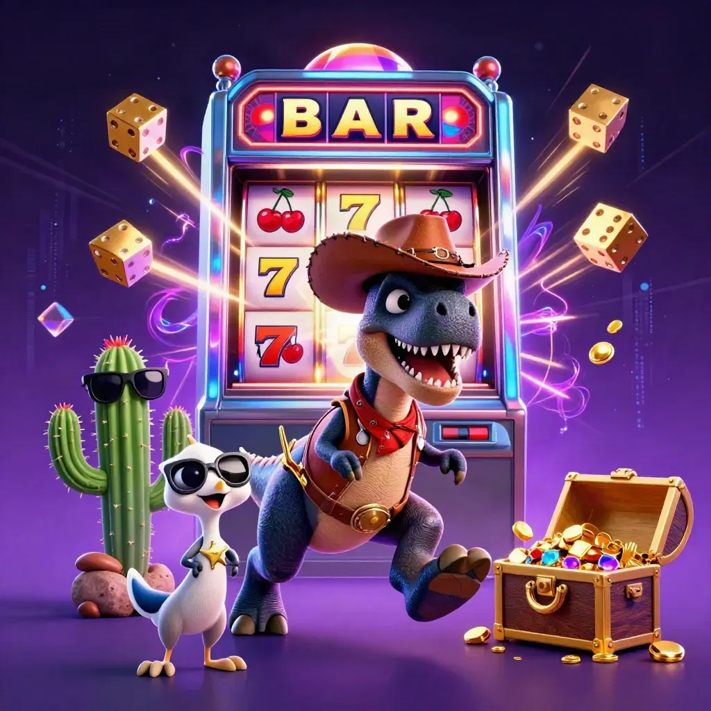 Cowboy T-Rex, cactus sidekick and sheriff roadrunner burst from a neon slot machine amid gold and gems.