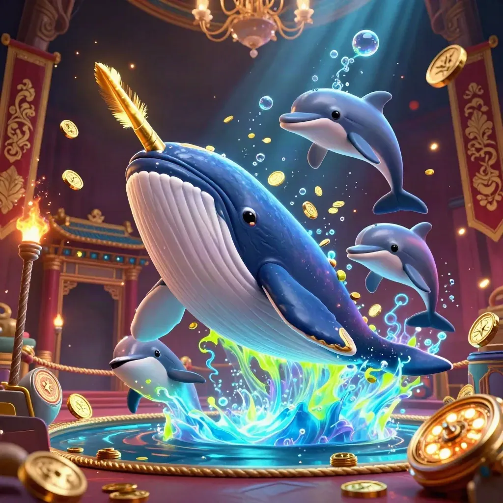 Whale captain, narwhal, and dolphins burst through coins in a neon casino fantasy.