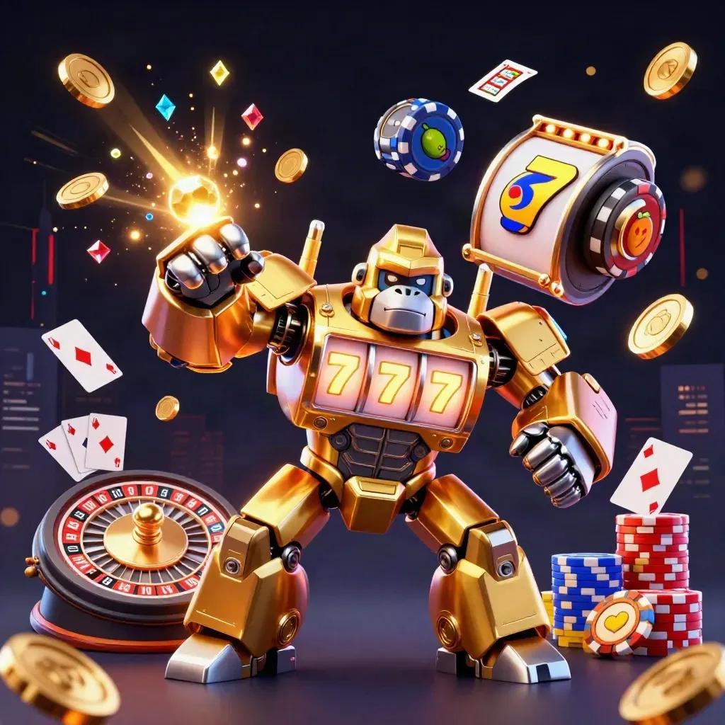 Golden gorilla mech with monkey pilot amid coins, chips, cards, roulette wheel, and neon blue sparks.