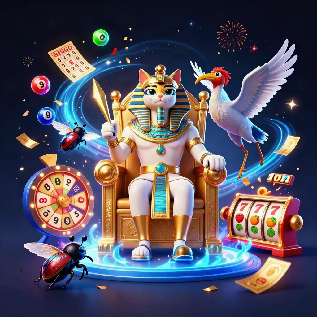 Pharaoh cat, ibis scribe, and gem-wing scarabs amid casino bursts on a neon starfield.