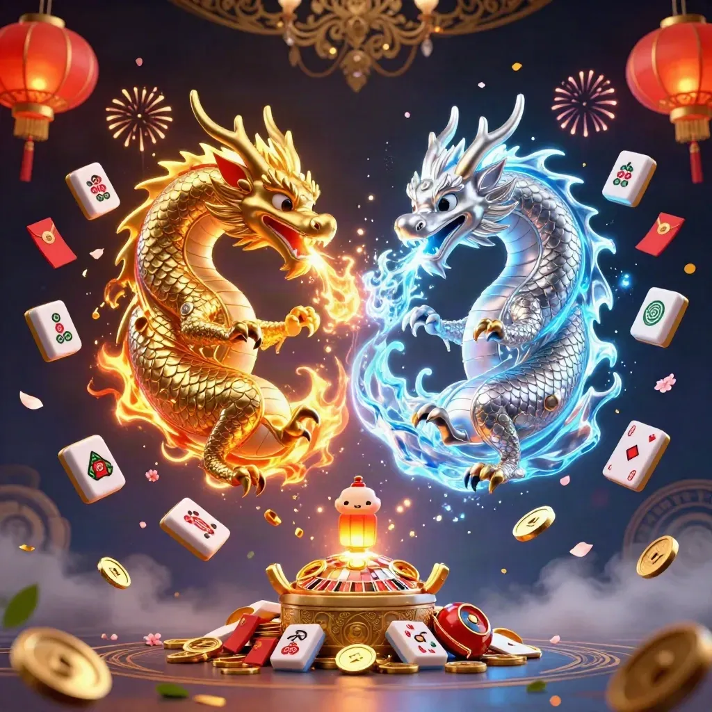 Twin dragons fly amid treasure, lanterns, coins, and fireworks over a dark luxe casino backdrop.