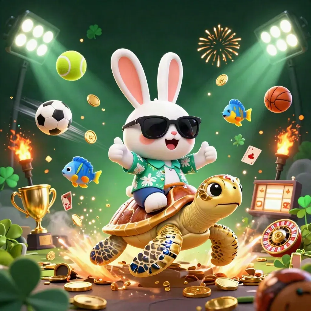 Lucky rabbit on a golden sea turtle amid coins, trophies, sports balls, fireworks, and casino symbols.