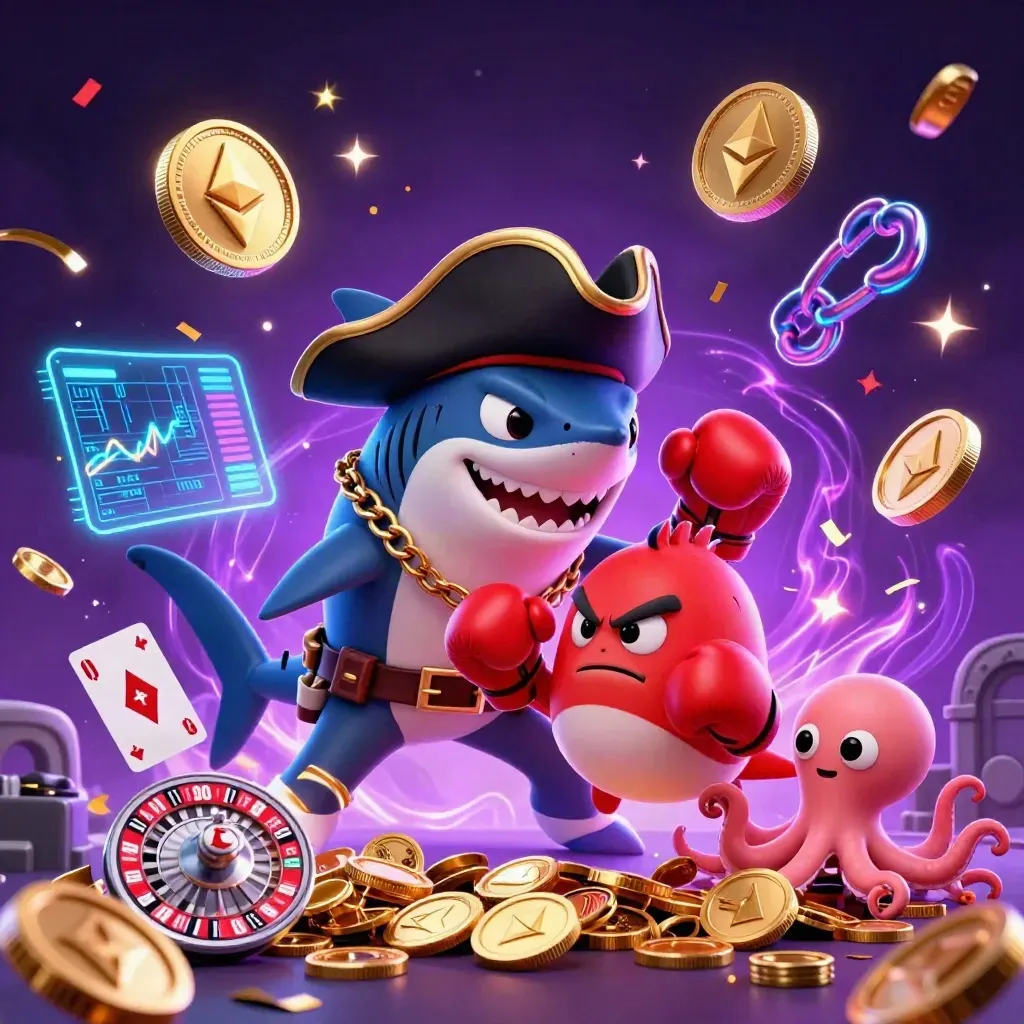 Pirate shark, boxing pufferfish, and coin-juggling octopus in a neon casino treasure burst.