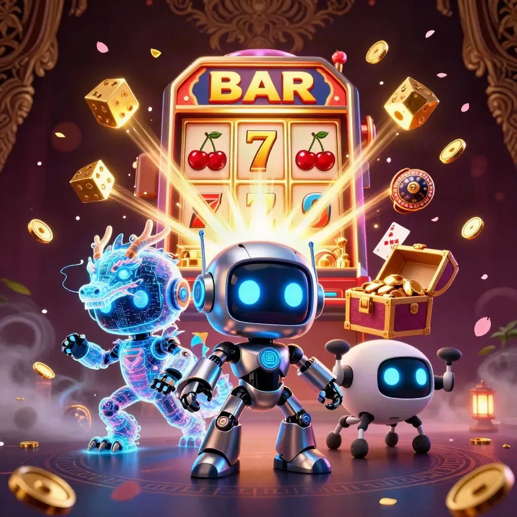 Cyberpunk robot, holographic dragon, and drone amid casino treasure explosions and glowing symbols