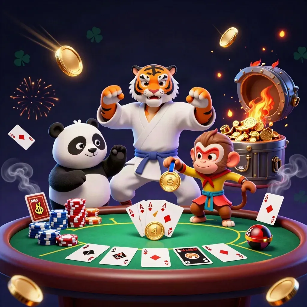 Kung-fu tiger, panda, and monkey amid casino cards, chips, coins, and fireworks