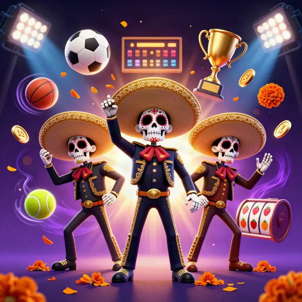 Three skeleton mariachi heroes amid casino balls, coins, trophies, and glowing effects