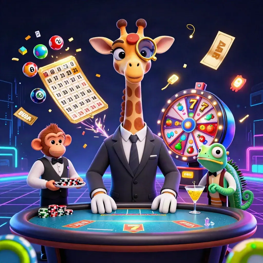 Giraffe poker boss, monkey valet, and chameleon bartender amid neon casino effects