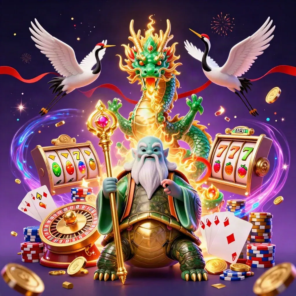 Emerald dragon, turtle sage, and cranes amid casino coins, cards, chips, and glowing fire.
