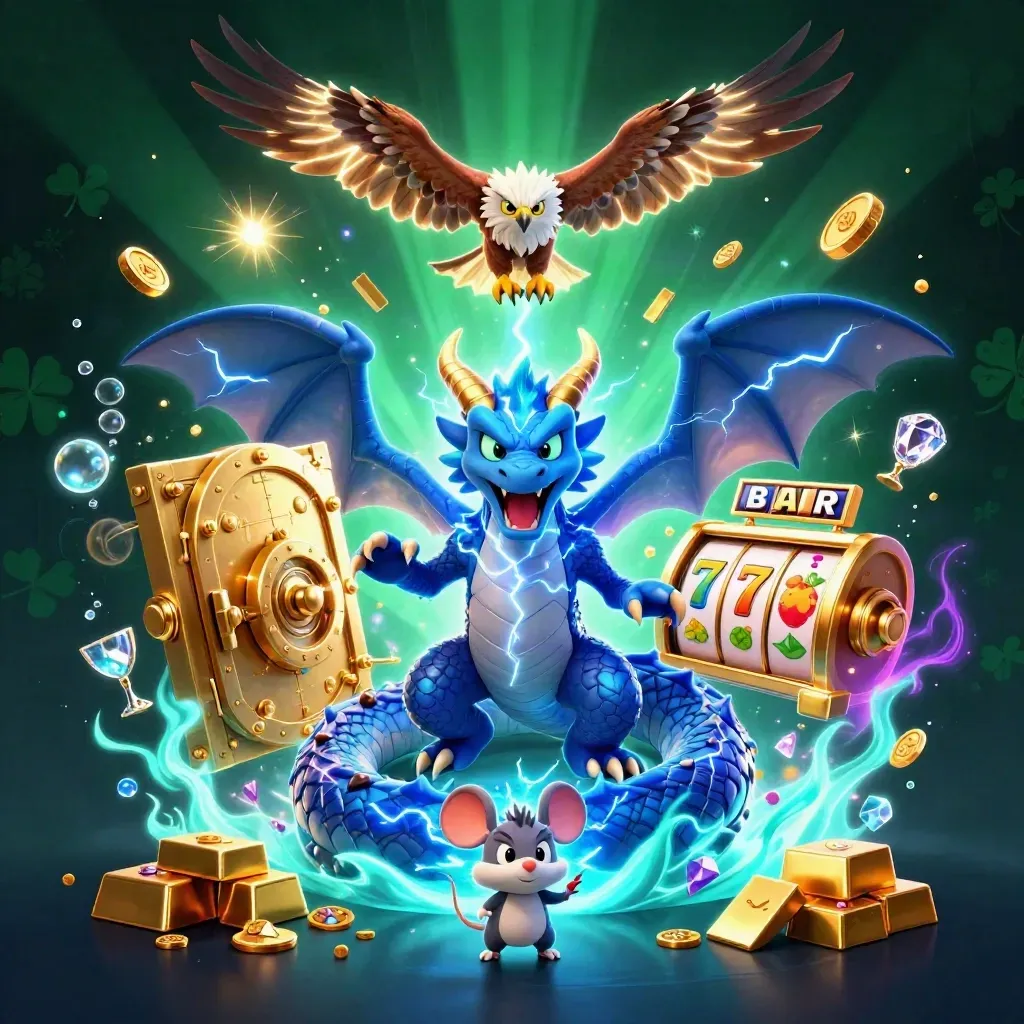 Thunder dragon, wind hawk, and crackling mouse amid a vault burst, gold, gems, and neon casino glow.