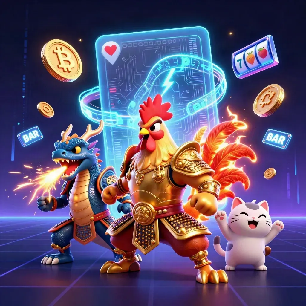 Rooster samurai, spark-breathing dragon, cheering lucky cat, neon coins and casino energy
