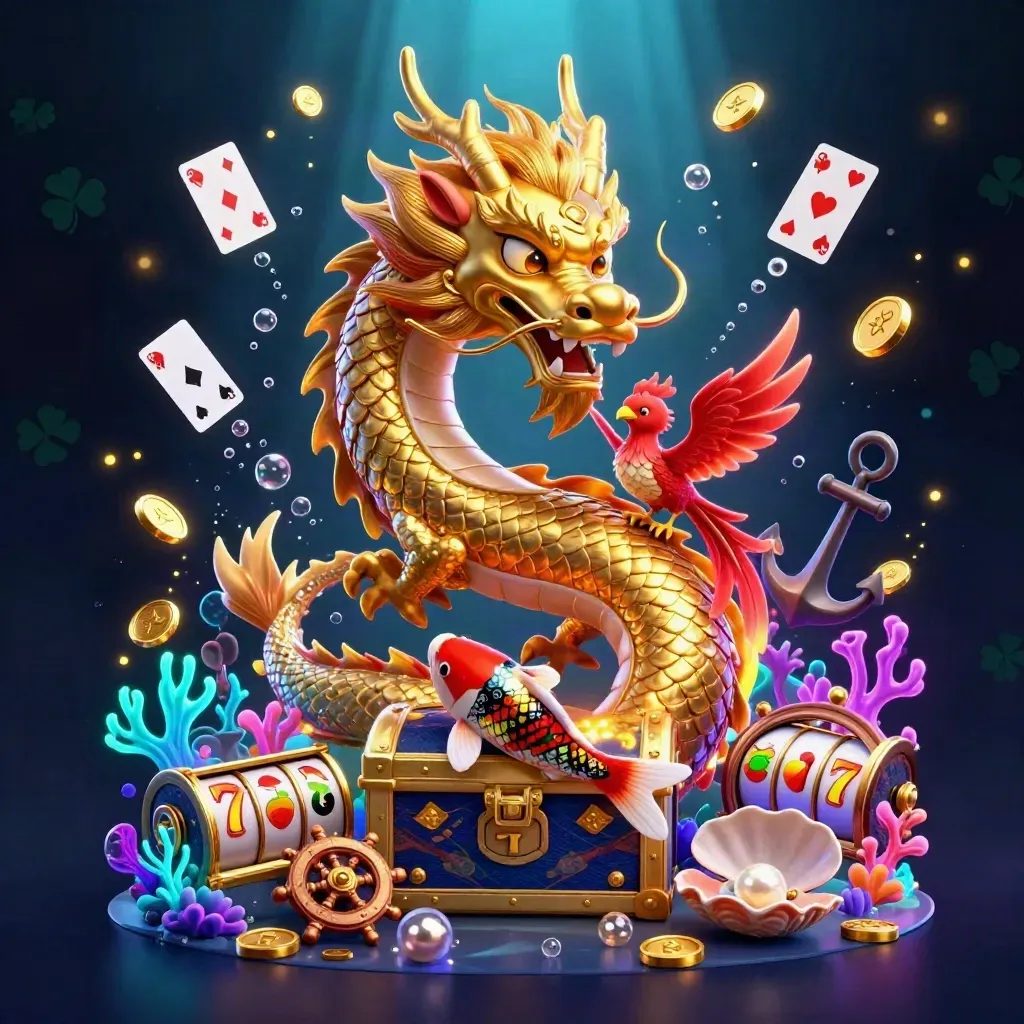 Golden dragon, phoenix, and koi above treasure in a neon-lit underwater casino cove.