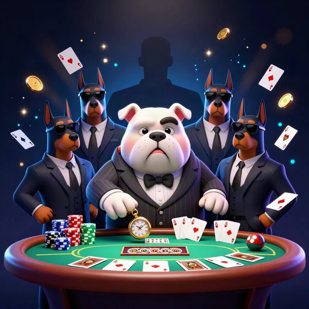 Bulldog mafia boss with two Dobermans around a glowing poker table and chips