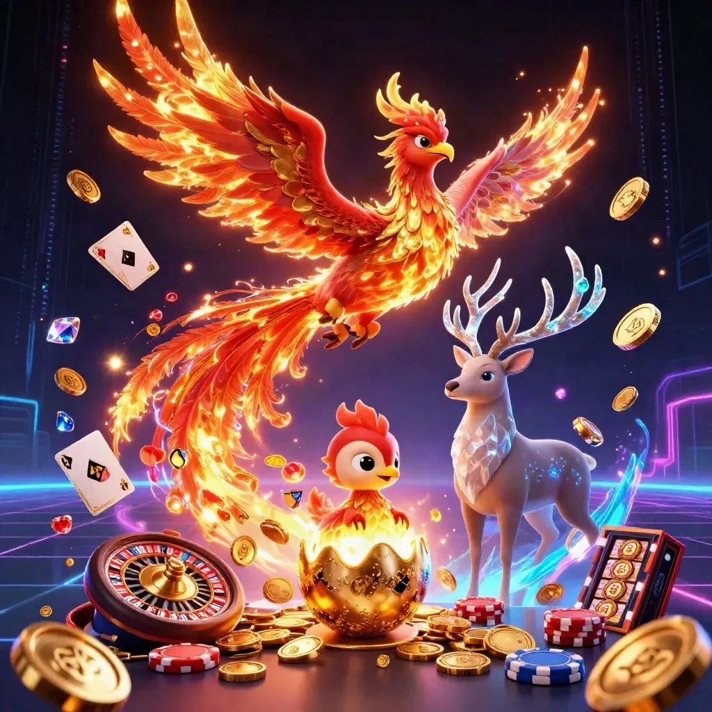 Phoenix, hatching chick, and crystal stag amid casino coins, cards, and neon energy