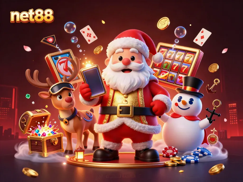 Experience the excitement of net88 with Santa, reindeer, and a snowman in a vibrant casino-themed scene.