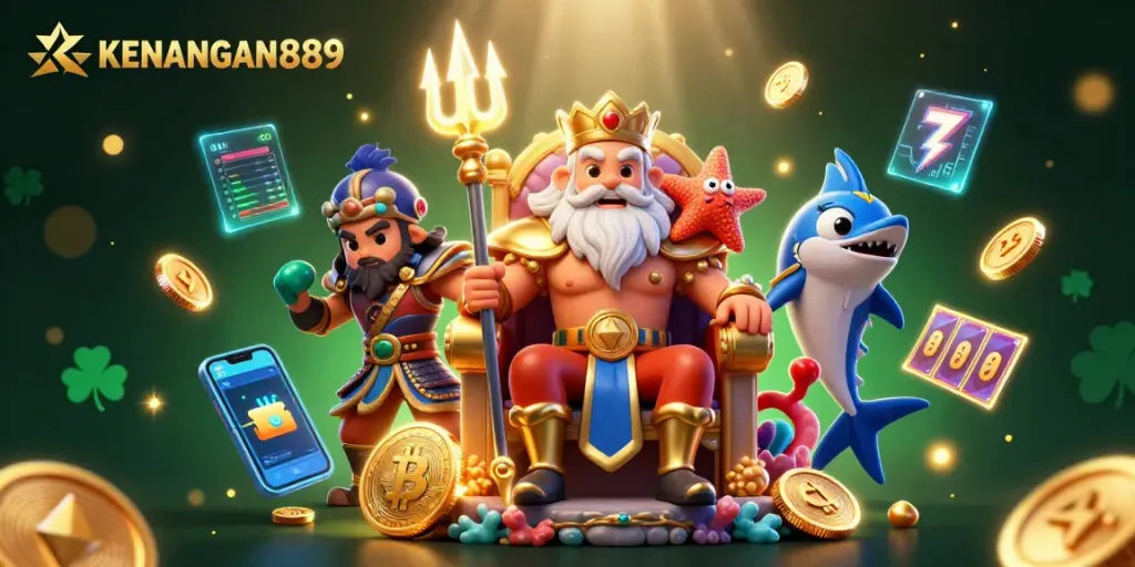 Engage with KENANGAN889 at this vibrant casino scene featuring Neptune, slot reels, and crypto elements.