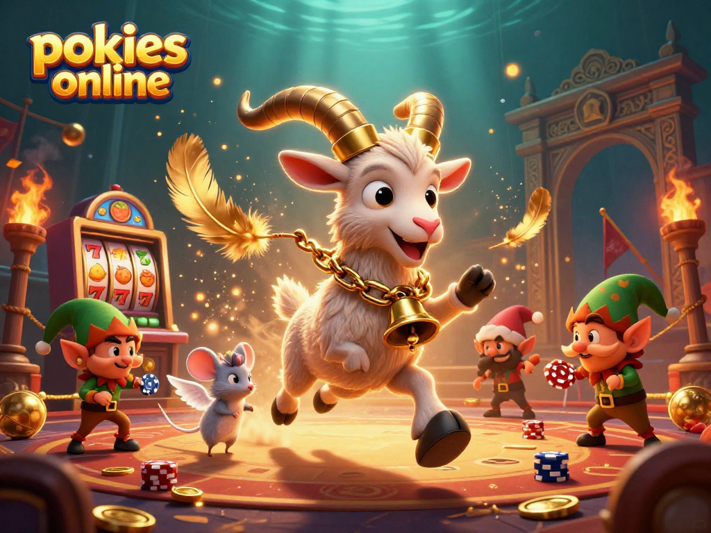 Experience the excitement of pokies online with a lively casino scene featuring a Krampus goat and mischievous characters.