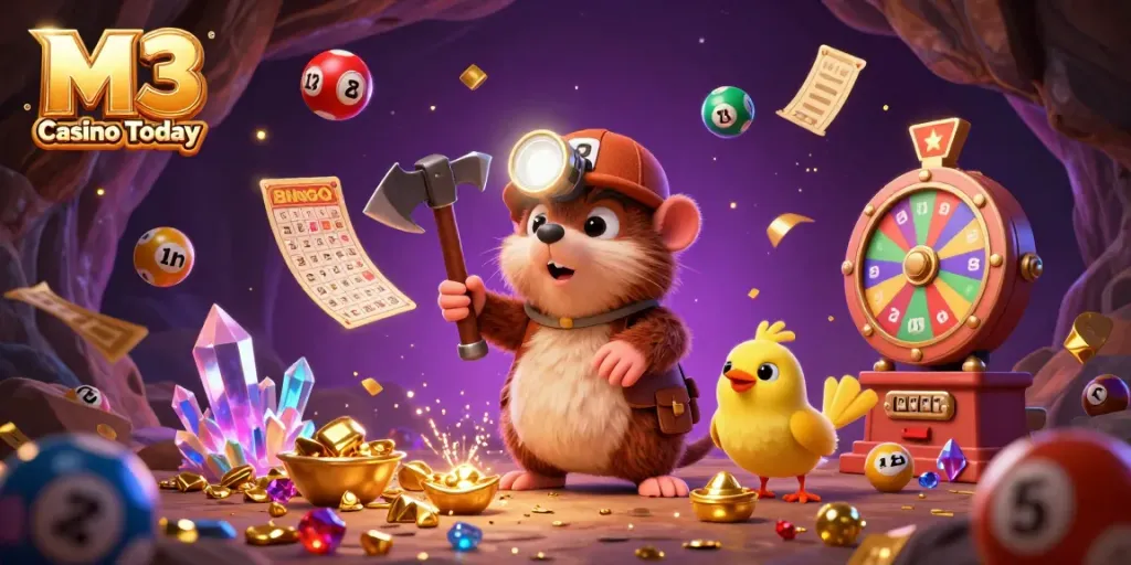 M3 Casino Today features a treasure hunter mole and canary surrounded by vibrant lottery elements, engaging in exciting gameplay.