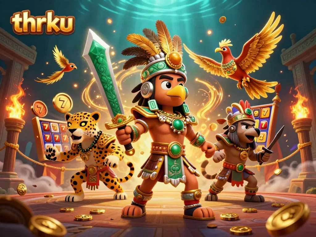Thrku showcases a vibrant casino scene with Aztec warrior characters amidst dynamic game elements.