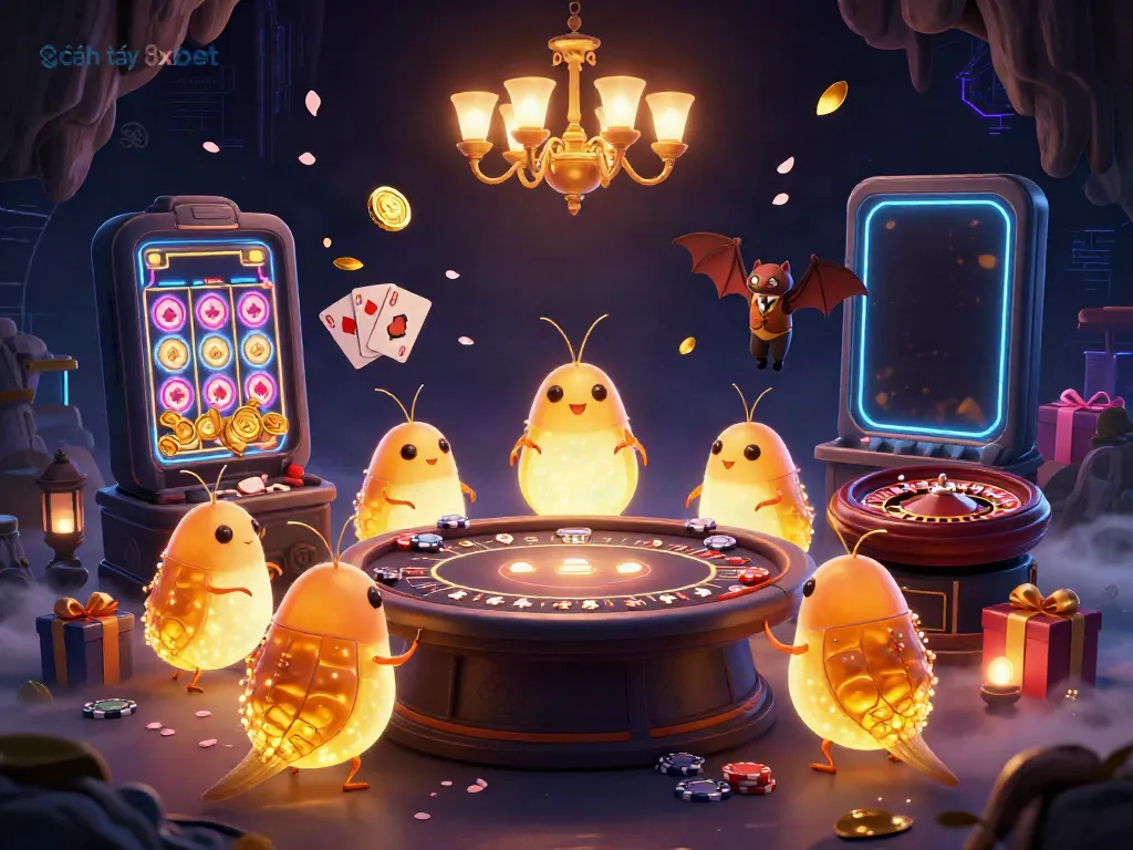 Engage with the vibrant casino atmosphere as you explore cách tải 8xbet through an energetic scene of glowworms and a bat dealer.