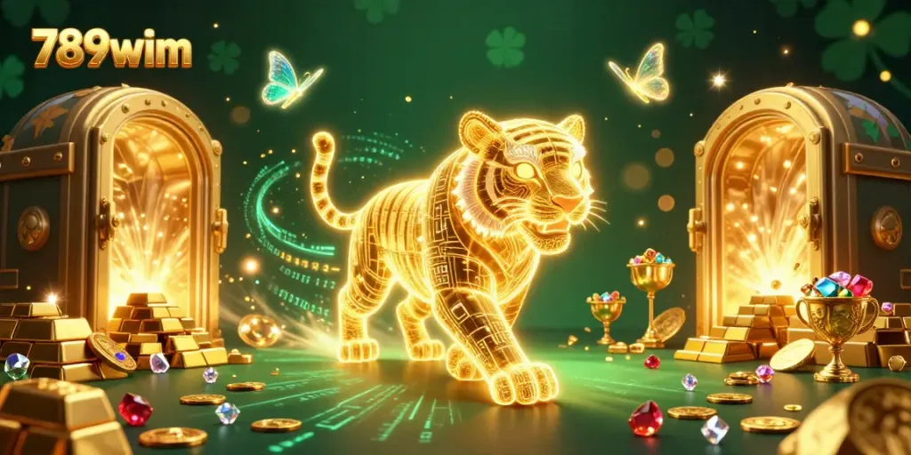 Experience gaming excitement with 789wim's animated golden tiger in a vibrant casino setting.