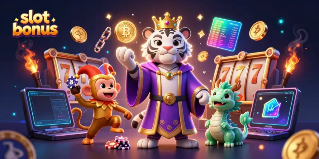 Engaging 3D illustration showcasing the lively casino scene featuring a slot bonus theme, with characters and vibrant elements