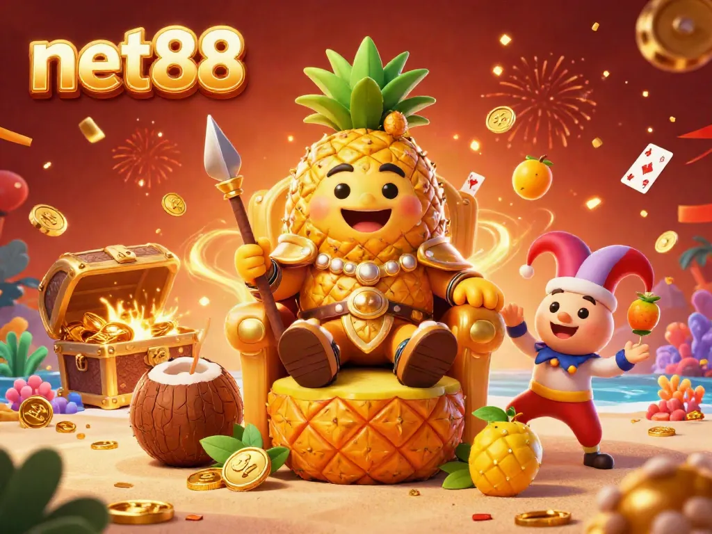 Experience excitement with net88 in this vibrant, festive casino scene featuring a pineapple king and its colorful entourage.
