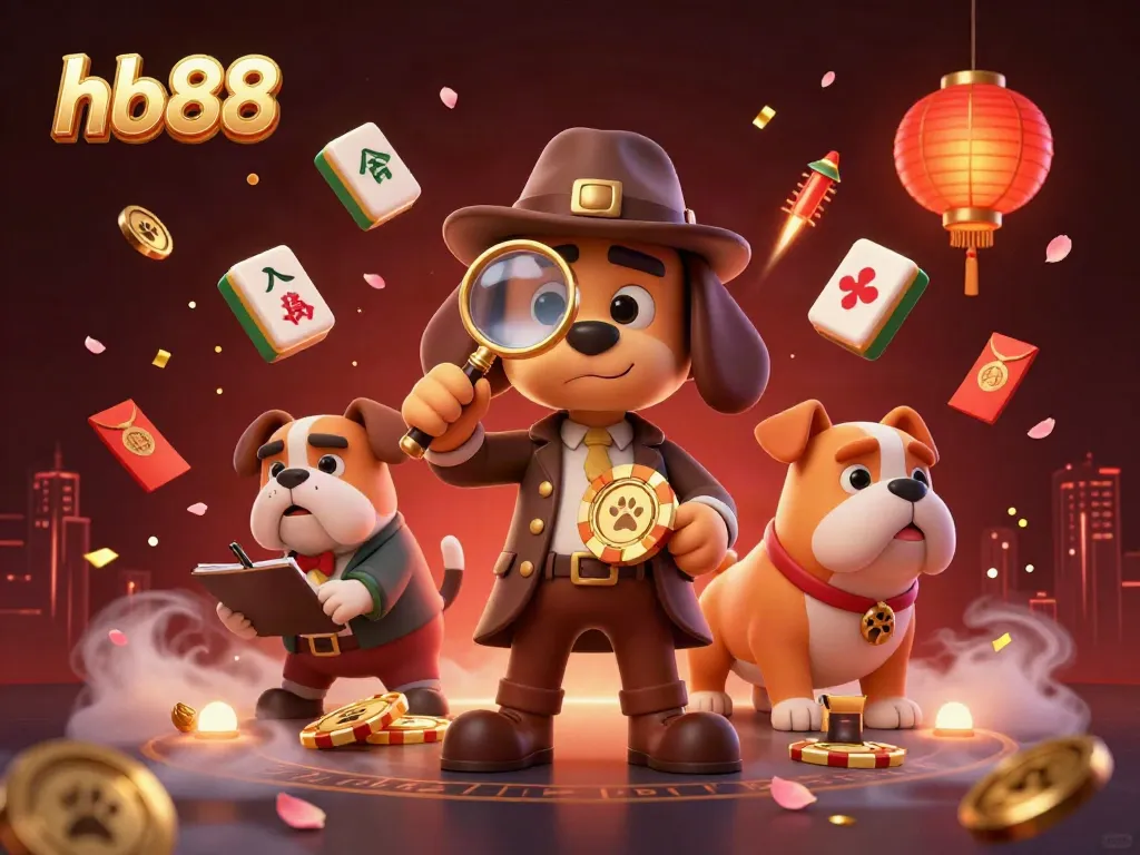 Experience the thrill of hb88 with a bloodhound detective examining chips amidst festive decorations and gaming elements.