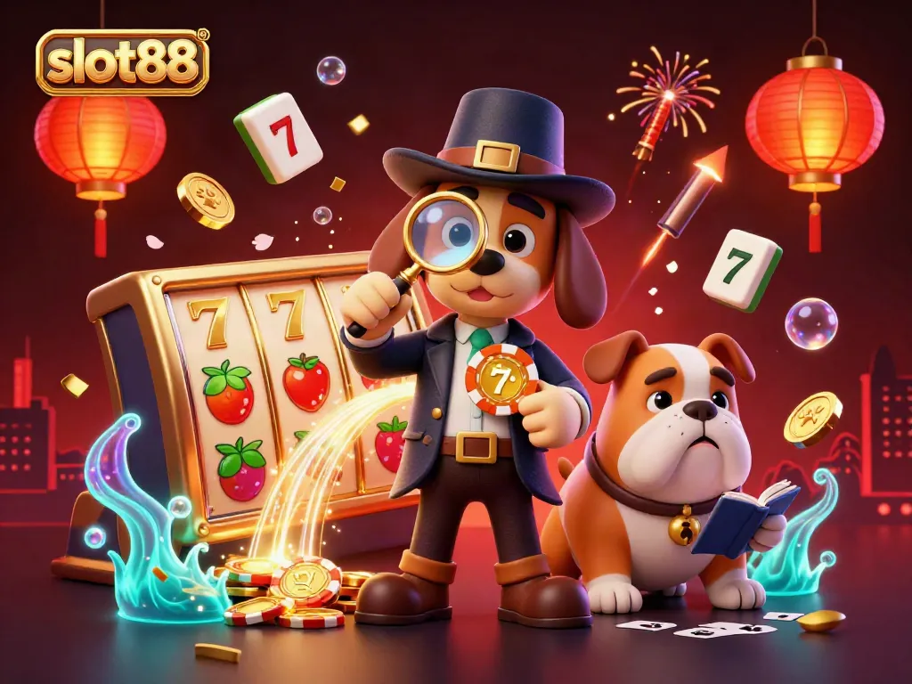 Experience the thrill of slot88 with a detective scene uncovering treasures surrounded by lively casino elements.
